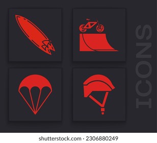 Set Bicycle helmet, Surfboard, Bicycle on street ramp and Parachute icon. Vector