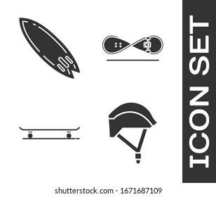 Set Bicycle helmet, Surfboard, Skateboard and Skateboard trick icon. Vector