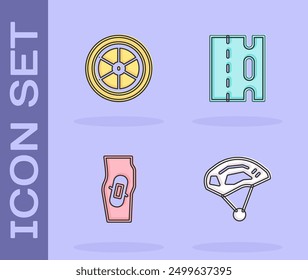 Set Bicycle helmet, wheel, Plaster on leg and lane icon. Vector