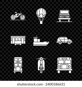 Set Bicycle, Hot air balloon, Car, Double decker bus, Scooter, School Bus, Old city tram and Cargo ship icon. Vector