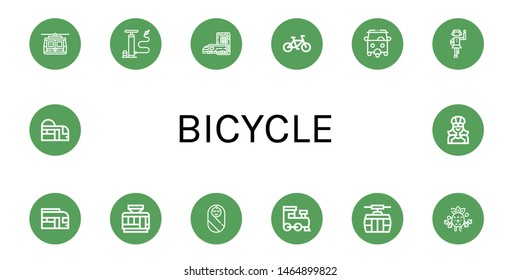Set of bicycle icons such as Cable car, Air pump, Subway, Bicycle, Rickshaw, Polka, Train, Tramway, Baby, Exercise, Biker , bicycle