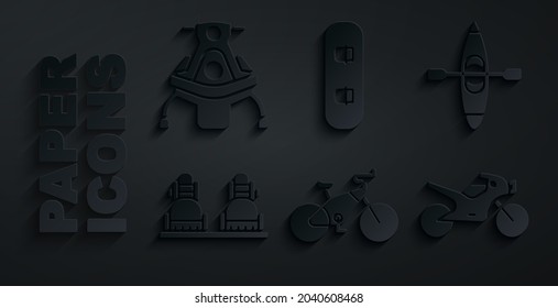 Set Bicycle, Kayak or canoe, Snowboard, Motorcycle,  and Snowmobile icon. Vector