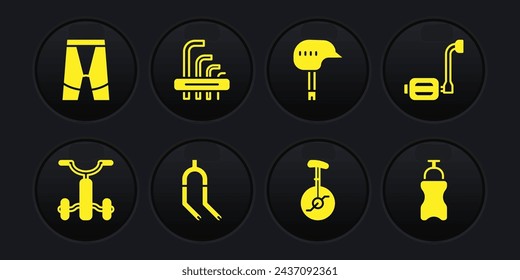 Set Bicycle for kids, pedal, fork, Unicycle one wheel bicycle, helmet, Tool allen keys, Sport bottle with water and Cycling shorts icon. Vector