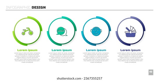 Ponga bicicleta para los niños, madre de burbujas de voz, cabeza de niño y bebé. Plantilla de infografía empresarial. Vector