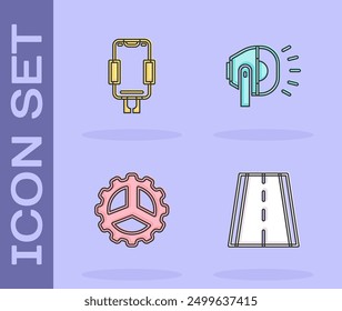 Set Bicycle lane, Mobile holder, sprocket crank and head lamp icon. Vector
