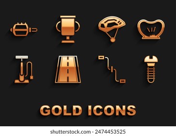 Set Bicycle lane, punctured tire, Metallic screw, pedals, air pump, helmet,  and Award cup with bicycle icon. Vector