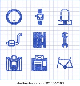 Set Bicycle lane, repair service, frame, Wrench spanner, Hiking backpack, pedal, lock and wheel icon. Vector