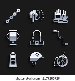 Set Bicycle lock, helmet, parking, pedals, Sunscreen cream tube, Award cup with bicycle, Gloves and chain icon. Vector