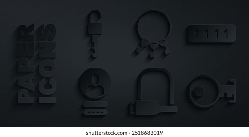 Establecer la cerradura de la bicicleta, protección de la Contraseña, pantalla de Cuenta de Create, llave, manojo de llaves e ícono desbloqueado. Vector
