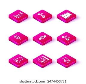 Set Bicycle lock, rental mobile app, pedal, Smart watch, frame, lane and  icon. Vector