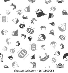 Set Bicycle on street ramp, Knee pads, Parachute and Rafting boat on seamless pattern. Vector