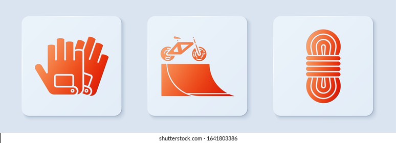 Set Bicycle on street ramp, Gloves and Climber rope. White square button. Vector