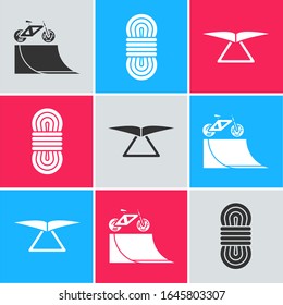Set Bicycle on street ramp, Climber rope and Hang glider icon. Vector