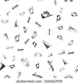 Set Bicycle on street ramp, Rafting boat, Skateboard on street ramp and Bicycle on seamless pattern. Vector