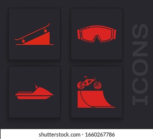 Set Bicycle on street ramp, Skateboard on street ramp, Ski goggles and Jet ski icon. Vector