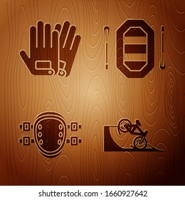 Set Bicycle on street ramp, Gloves, Knee pads and Rafting boat on wooden background. Vector