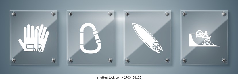 Set Bicycle on street ramp, Surfboard, Carabiner and Gloves. Square glass panels. Vector