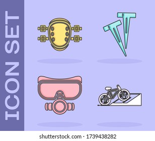 Set Bicycle on street ramp, Knee pads, Diving mask and Pegs for tents icon. Vector