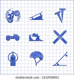 Set Bicycle on street ramp, Helmet, Skateboard, Ski and sticks, Aqualung, All Terrain Vehicle or ATV motorcycle, Pegs for tents and trick icon. Vector
