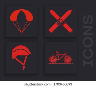 Set Bicycle, Parachute, Ski and sticks and Bicycle helmet icon. Vector