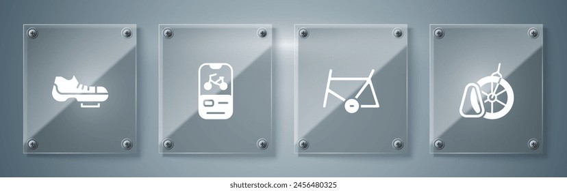 Set Bicycle parking, frame, rental mobile app and shoes. Square glass panels. Vector