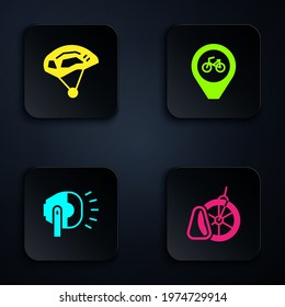 Set Bicycle parking, helmet, head lamp and Location with bicycle. Black square button. Vector