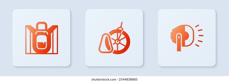 Set Bicycle parking, Hiking backpack and head lamp. White square button. Vector