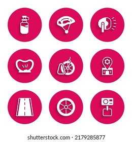 Set Bicycle parking, wheel, Action extreme camera, repair service, lane, punctured tire, head lamp and Sport bottle with water icon. Vector