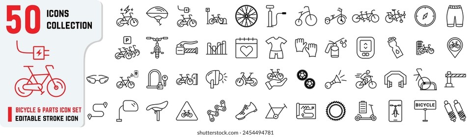 Set of Bicycle and Parts editable stroke icons also includes repair, Pino Tandem, charging, service, mirror, horn, brake icons. Electric Bicycle 50+ thin icon collections