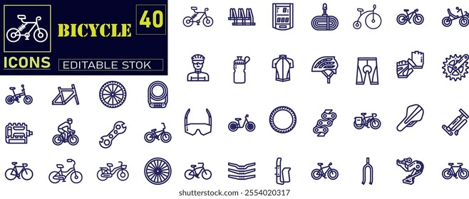 Set of Bicycle and Parts editable stroke icons .