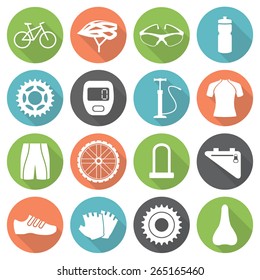 Set of bicycle parts and sport equipment icons in flat style. White silhouette on round buttons. For web design or mobile application.