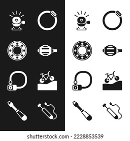 Set Bicycle pedal, ball bearing, bell, brake disc, lock, Mountain bicycle, air pump and Screwdriver icon. Vector