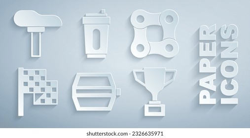 Set Bicycle pedal, chain, Checkered flag, Award cup with bicycle, Sport bottle water and seat icon. Vector