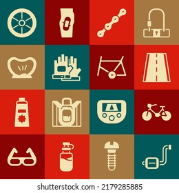 Set Bicycle pedal, lane, chain, Gloves, punctured tire, wheel and frame icon. Vector
