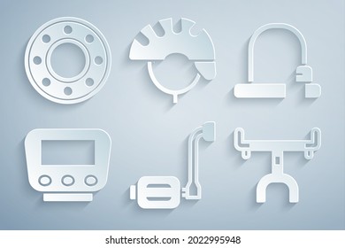 Set Bicycle pedal, lock, speedometer, handlebar, helmet and ball bearing icon. Vector
