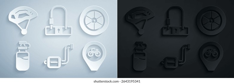 Set Bicycle pedal, wheel, Sport bottle with water, Location bicycle, lock and helmet icon. Vector