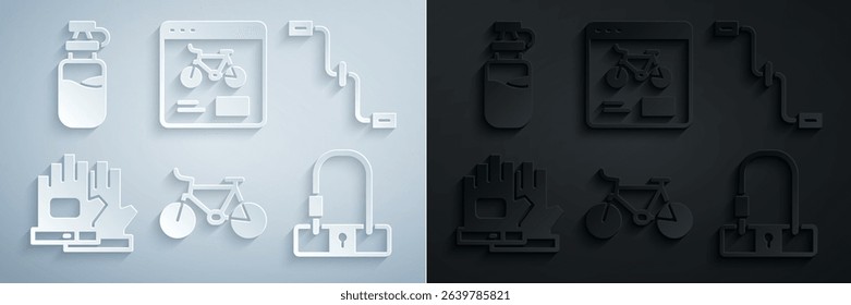 Set Bicycle, pedals, Gloves, lock, rental mobile app and Sport bottle with water icon. Vector