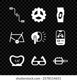 Set Bicycle pedals, sprocket crank, Plaster on leg, punctured tire, Sport cycling sunglasses, frame and head lamp icon. Vector