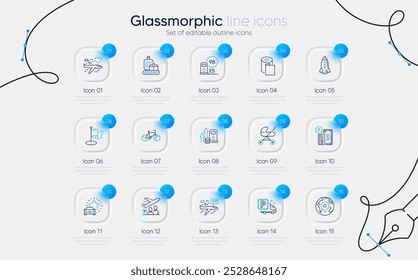 Set of Bicycle, Pin and Parking payment line icons for web app. Vip flight, Car review, Fuel price icons. Passenger, Rocket, Paper wallpaper signs. Petrol station, Honeymoon travel. Vector