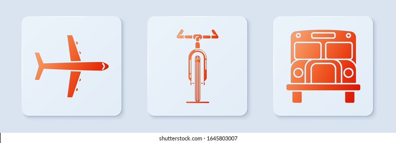Set Bicycle, Plane and School Bus. White square button. Vector