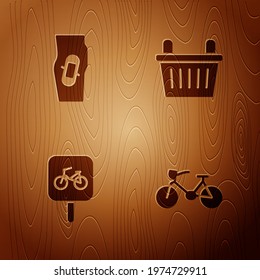 Set Bicycle, Plaster on leg, parking and basket on wooden background. Vector
