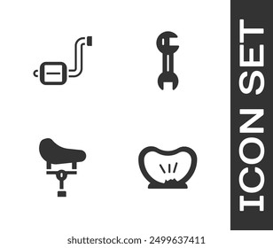 Set Bicycle punctured tire, pedal, seat and Wrench spanner icon. Vector