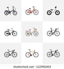 Set of bicycle realistic symbols with exercise riding, dutch velocipede, old and other icons for your web mobile app logo design.