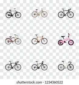 Set of bicycle realistic symbols with training vehicle, wooden, woman cycle and other icons for your web mobile app logo design.