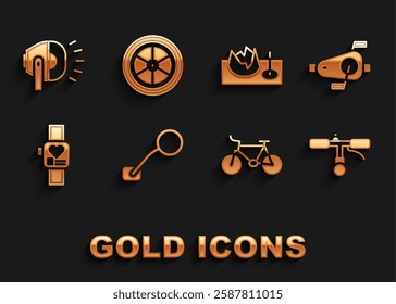 Set Bicycle rear view mirror, pedals, handlebar, Smart watch, on street ramp, head lamp and wheel icon. Vector