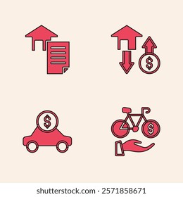 Set Bicycle rental mobile app, House contract, with dollar and Car icon. Vector