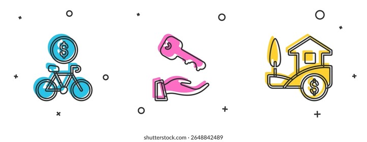 Set App móvil de alquiler de bicicletas, llave de casa y con icono de dólar. Vector