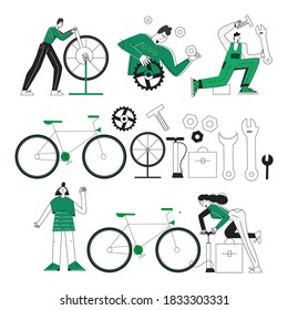 Set of bicycle repair service characters and tools. Bike mechanic modern flat vector illustrations. Instrument clipart. Bundle of people in a workshop in the repair process. Isolated on white 