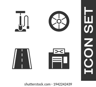 Set Bicycle repair service, pump, lane and wheel icon. Vector