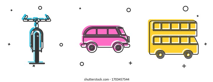 Set Bicycle, Retro minivan and Double decker bus icon. Vector